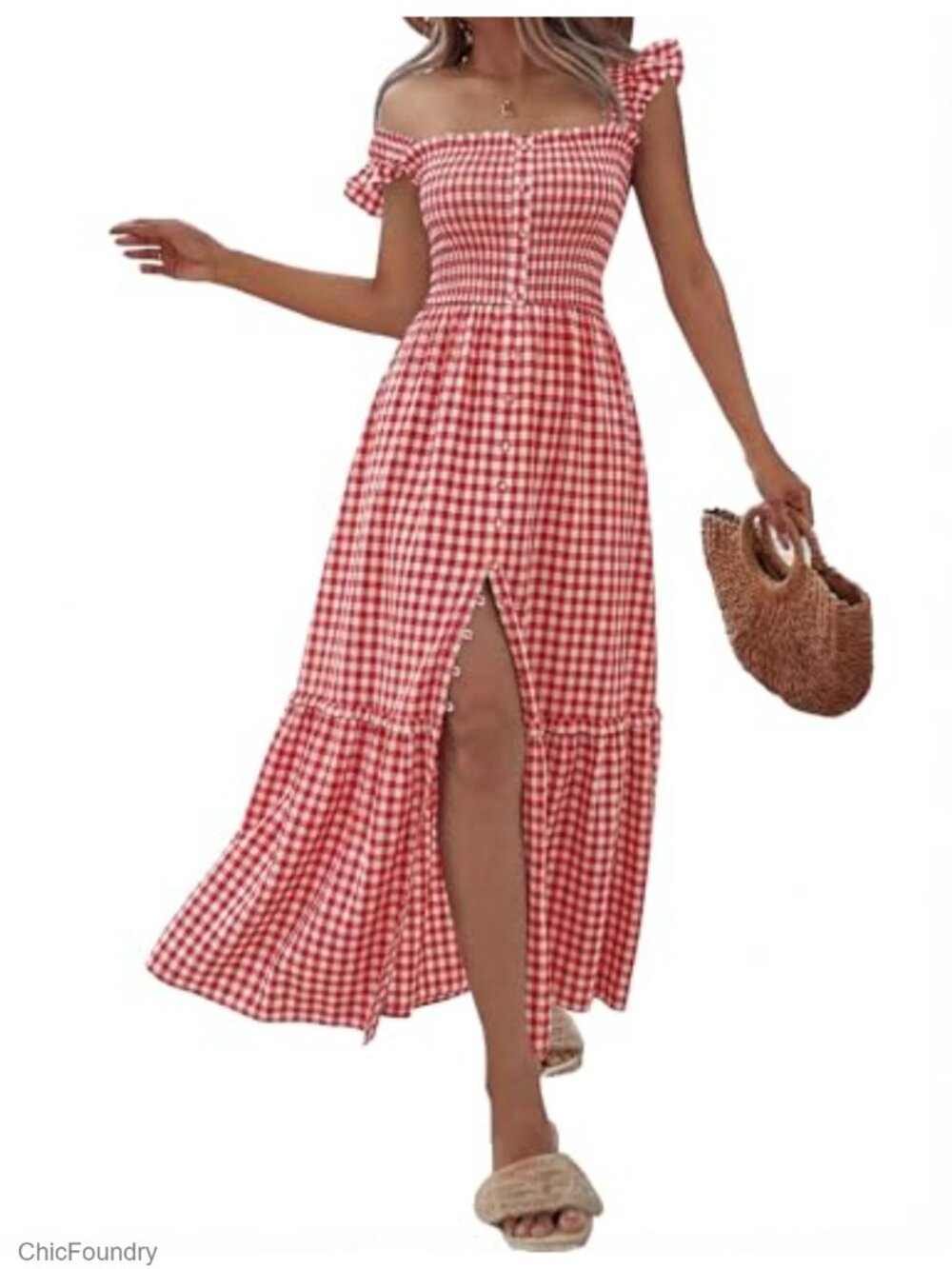 Women's Cotton Blend Midi Dress Square Neck Smocked Ruffle Strap Flowy Sundress